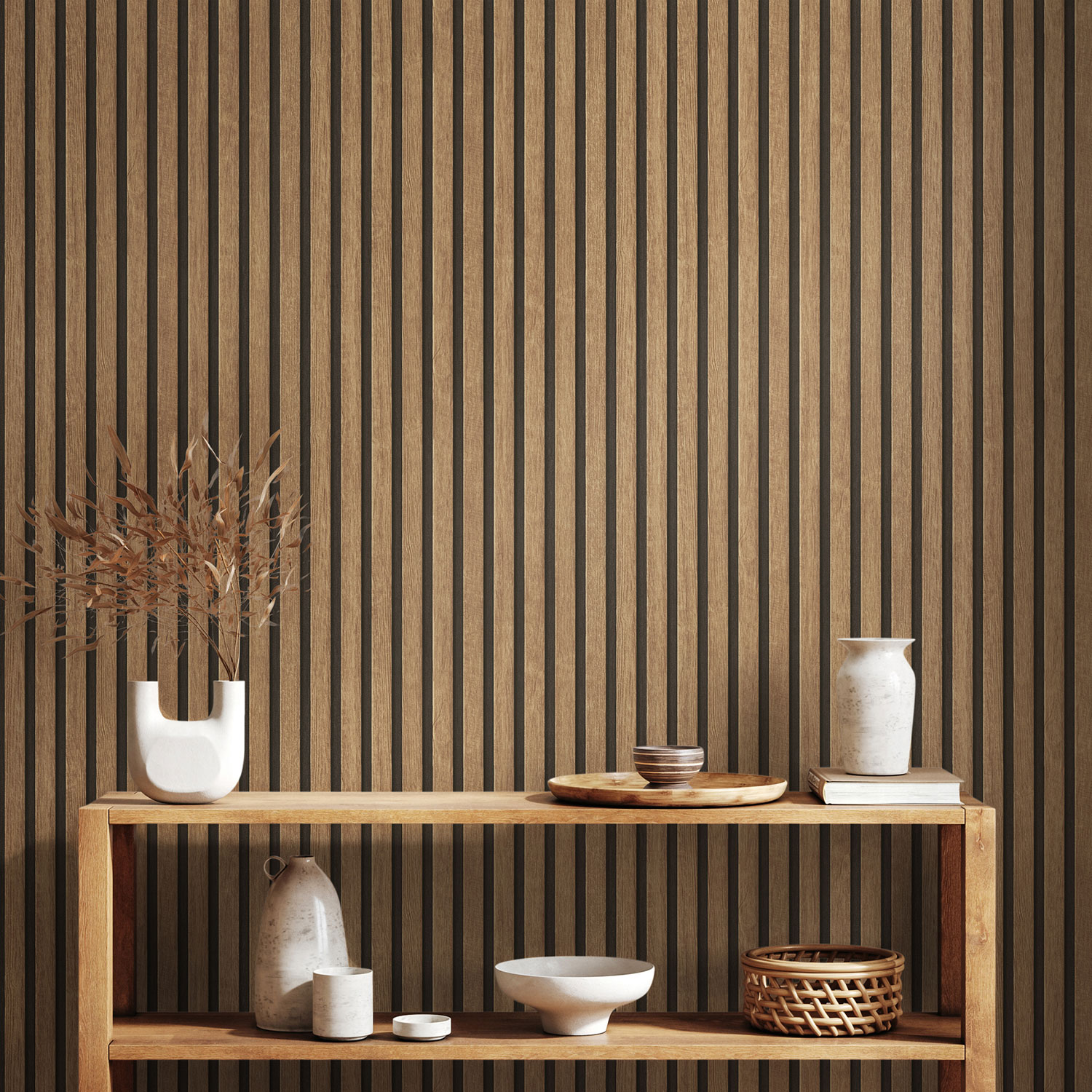 A.S. Creation | Holzpaneele | Lamellen | 391091 | Vliestapete | Streifen | 0.53 x 10.05 m | Beige
